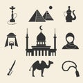 Turkish traditional heritage icon set. Lamp, brass coffee cup, cezve, kettle, lantern, fez, simit. Arabic eastern culture. Cartoon Royalty Free Stock Photo